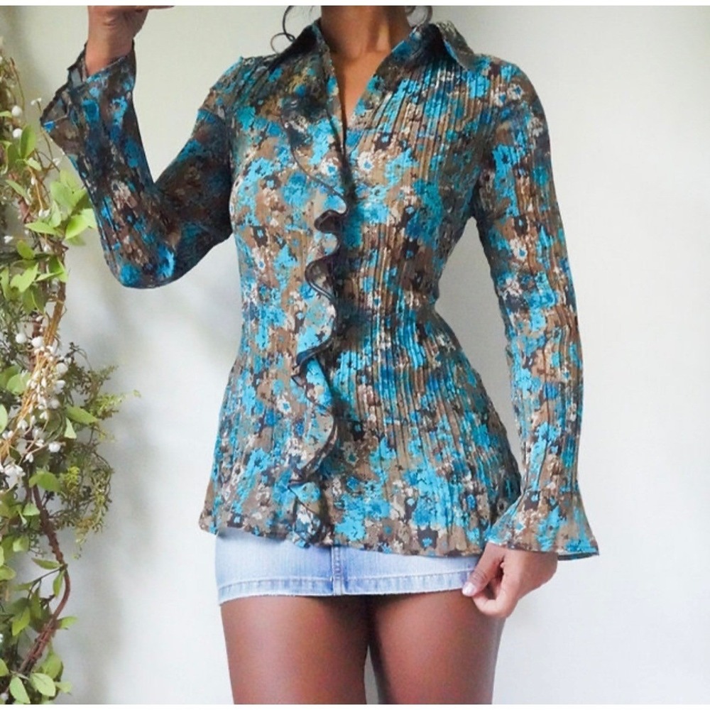Turqoise Abstract‎ Floral Pleated Ruffle Bell Sleeve Blouse Large Boho Y2K